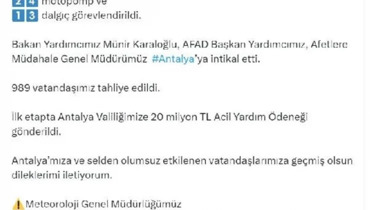 İçişleri Bakanı Ali Yerlikaya: Antalya’da meydana gelen selde 989 vatandaş tahliye edildi