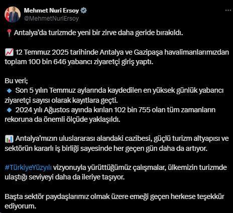 Antalya'da Temmuz Ayında Turist Rekoru Kırıldı: Bakan Ersoy Açıkladı