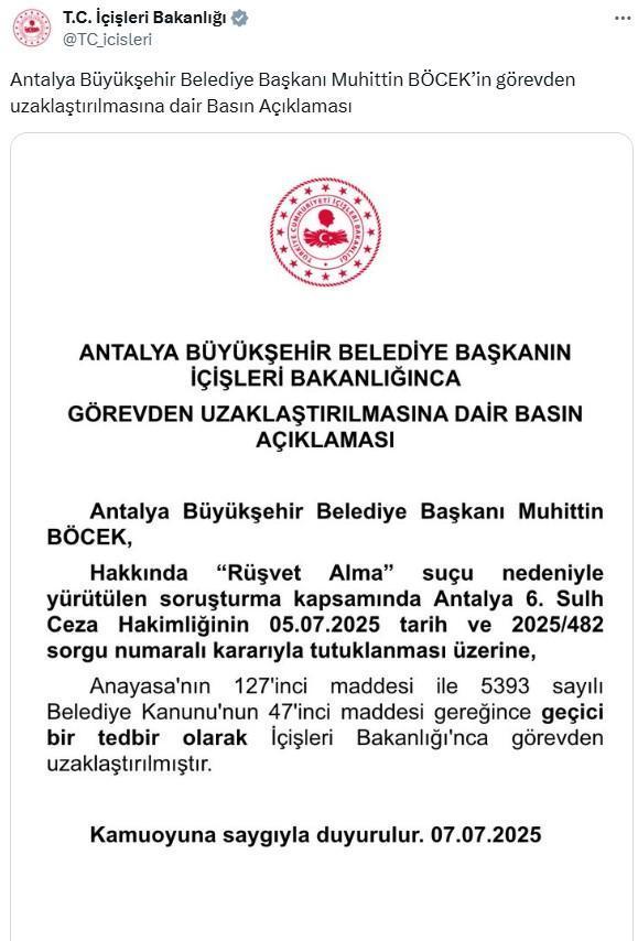 Antalya Büyükşehir Belediye Başkanı Muhittin Böcek İçin Yeni Bir Karar